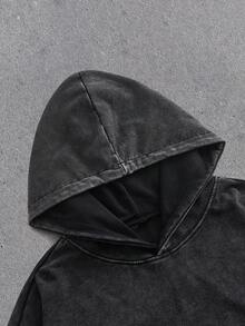 EASEVO Plus Size Men's Casual Black Hoodie Sweatshirt, Vintage Plain Fleece, Long Sleeve Top - Black - View 3