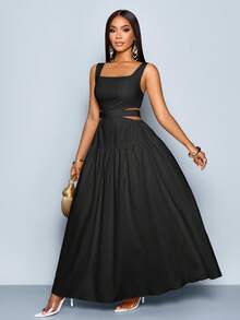 SOLERSUN 女士优雅方领腰部镂空系带后褶露背 A 字裙，适合夏威夷、女士夏季连衣裙、茶会礼服、白色毕业长裙 - 黑色 - 查看 4