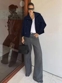 Siren Gaze Áo khoác len hai hàng khuy trơn màu thời trang dành cho nữ, màu xanh navy - Màu xanh hải quân - Xem 4