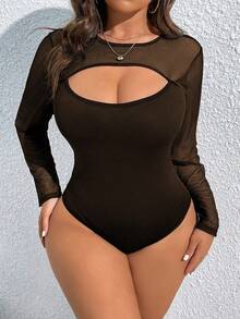 SHEIN LUNE 大码纯色简约镂空长袖紧身衣 - 棕色 - 查看 1