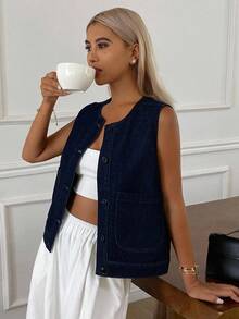 Livesso 女士夏季圆领无袖休闲牛仔夹克