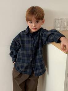 DAZY Young Boy Plaid Long Sleeve Single-Breasted Casual Loose Pocket Shirt