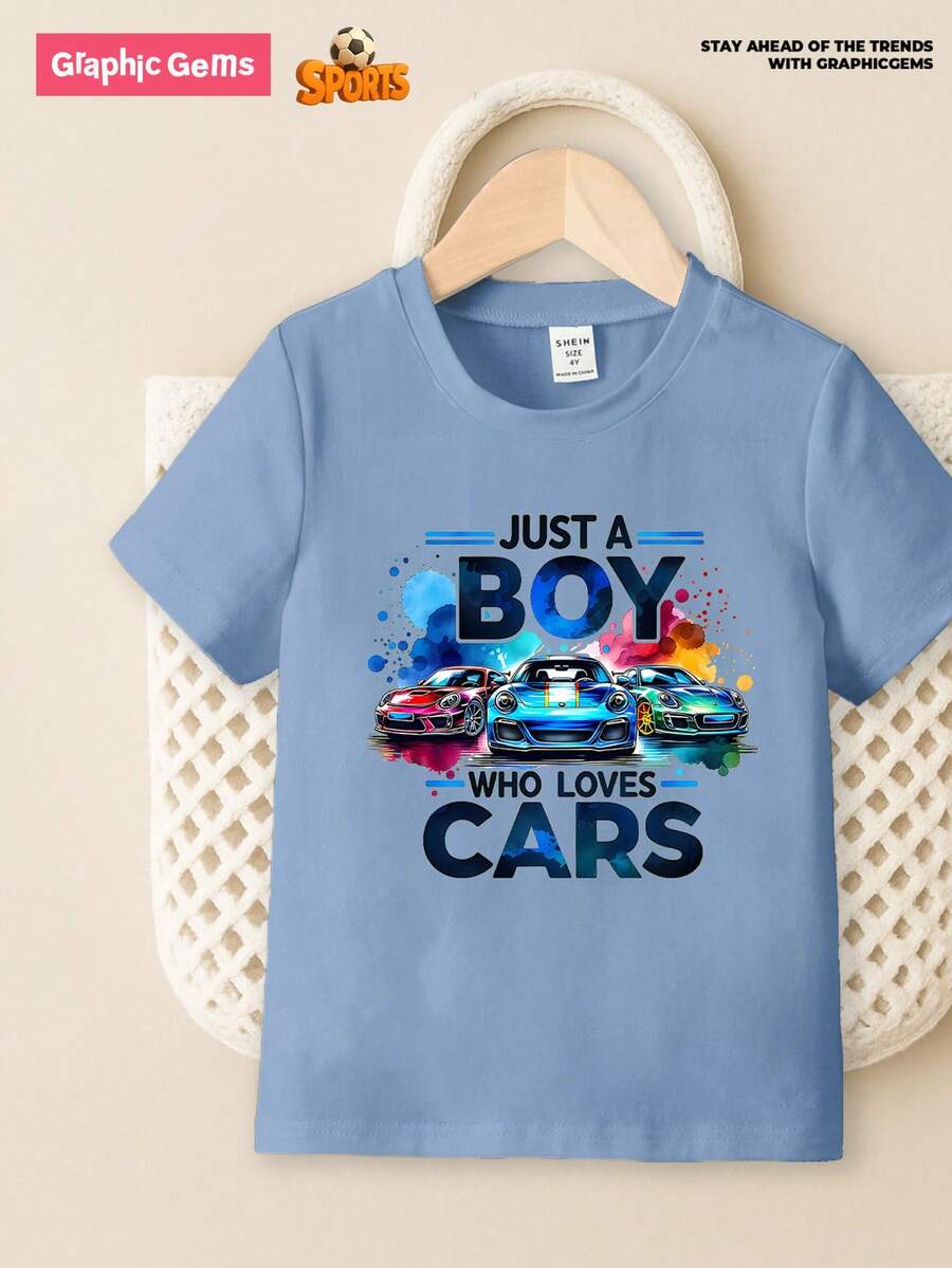 GraphicGems 小男孩“只是个喜欢汽车的男孩”休闲可爱街头轻便夏季T恤 - 藍色 - 查看 1
