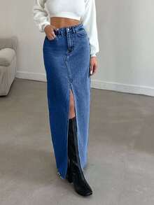 ZIRRA 女式休闲水洗牛仔斜口袋磨边裙，秋季 - 深色水洗藍 - 查看 4