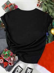 EMERY ROSE Christmas Antler Bow Creative Printed Casual Enhanced T-Shirt - Black - View 2