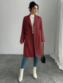 Rafferiza Women's Solid Color Faux Suede Double-Breasted Side Pocket Regular Jacket - Red - View 3