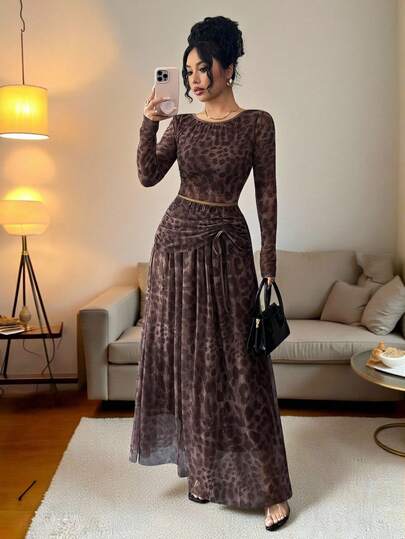 Rafferiza Women's Elegant Leopard Print Brown Mesh Round Neck Tight Long Sleeve T-Shirt With Pleated Waist Belt Elastic Waist Umbrella Long Skirt Women's Two-Piece Suitwinter Winter Clothes Winter Clothes For Women Fall Clothes For Women Autumn Fall Autumn Clothes Fall Outfits For Women New Year New Year Outfit Thanksgiving Outfit For Women Party Wedding Elegant Casual LuxuryChristmas New Year Party Graduation Ball Cosplay New Year Going Out Tops For Women Graduation Elegant Fashionable Casual Commuting Business Office Daily Leisure All-Match Temperament Urban Teacher Professional Attire