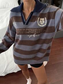 Livesso Women's Loose Business Casual Striped Letter Pattern Knit Pullover Sweater, Fashionable Street Style For School Season, Autumn/Winter - Blue - View 8