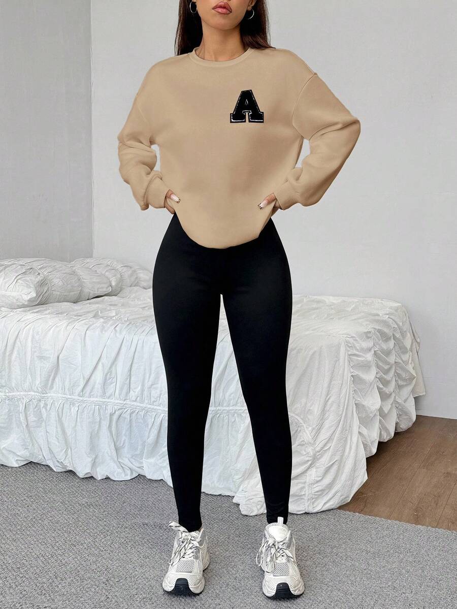 SHEIN EZwear 女士秋冬新款运动卫衣和紧身裤套装 - 卡其色 - 查看 1
