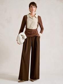 SHEIN Stylify 2025冬季二合一衬衫拼接针织毛衣女款，新款高端亚麻衬衫，优雅通勤时尚上衣，适合情人节、圣诞节、万圣节、新年等节日穿着。 - 米色 - 查看 5