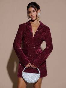 SHEIN BAE 女式纯色长袖束腰优雅连衣裙 - 酒紅色 - 查看 1