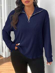 SHEIN Frenchy 休闲拉链领蓬松杏色加大码T恤 - 藏蓝色 - 查看 1