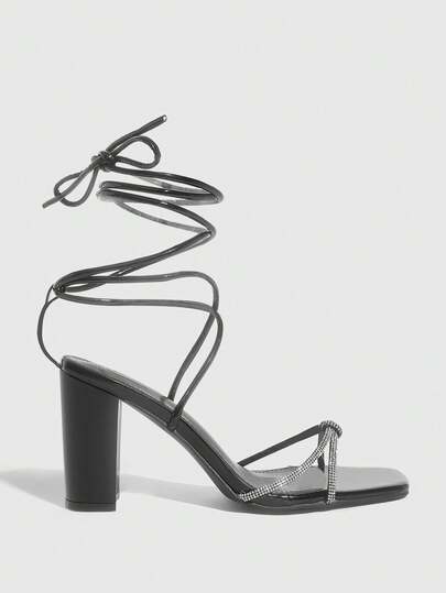 CUCCOO SZL Cross-Strap Rhinestone Chunky Heel Women's Sandals