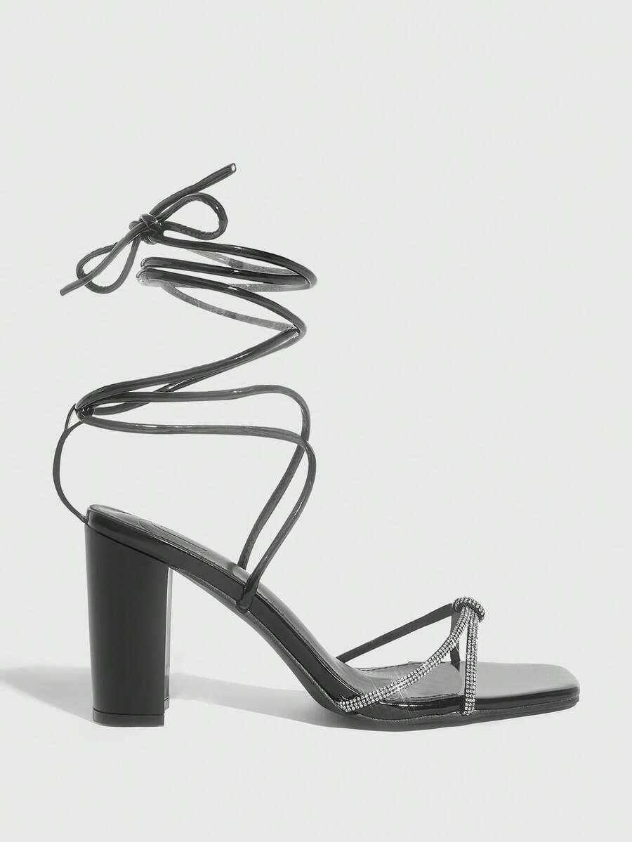 CUCCOO SZL Cross-Strap Rhinestone Chunky Heel Women's Sandals - Black - View 1