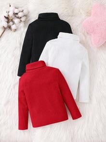 SHEIN 3件套女童纯色针织圆领长袖上衣，适合秋冬季节、休闲、上学、姐妹装，立领童装毛衣，女童秋冬服装，儿童冬季毛衣，纯色上衣 - 紅色 - 查看 2