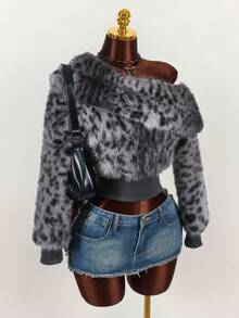 Amplova 秋冬女士时尚不对称领仿皮草豹纹夹克 - 灰色 - 查看 6