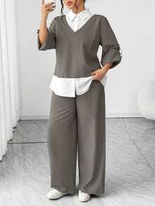 Elenzga 大码女式休闲二合一卷袖上衣和阔腿裤宽松套装 - 鵝黃色 - 查看 3