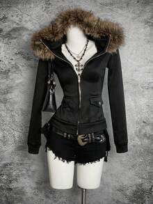StreetHx 女士黑色保暖内衬束腰毛领夹克，Y2K 叛逆风，朋克摇滚风，修身舒适，适合万圣节，2000 年代街头服饰，长袖连帽修身款