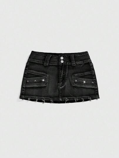 Grunge Punk Vintage Distressed Skull Studded Low Waist Sexy Denim Mini Skirt For Women