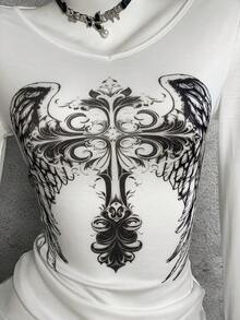 StreetHx 十字架印花V领薄款长袖T恤，朋克风 - 彩色 - 查看 5