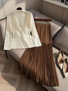 SHEIN Franclia Bộ đồ vest nữ cổ ve lật tay dài và chân váy midi xếp ly thanh lịch khi đi làm trong thành phố (không có thắt lưng) - trắng - Xem 2