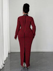 Maweii 大码女士千鸟格针织翻领两件式修身长袖连衣裙，适合外出、办公、通勤、休闲、约会、正式场合，春秋冬三季皆宜。 - 紅色 - 查看 3