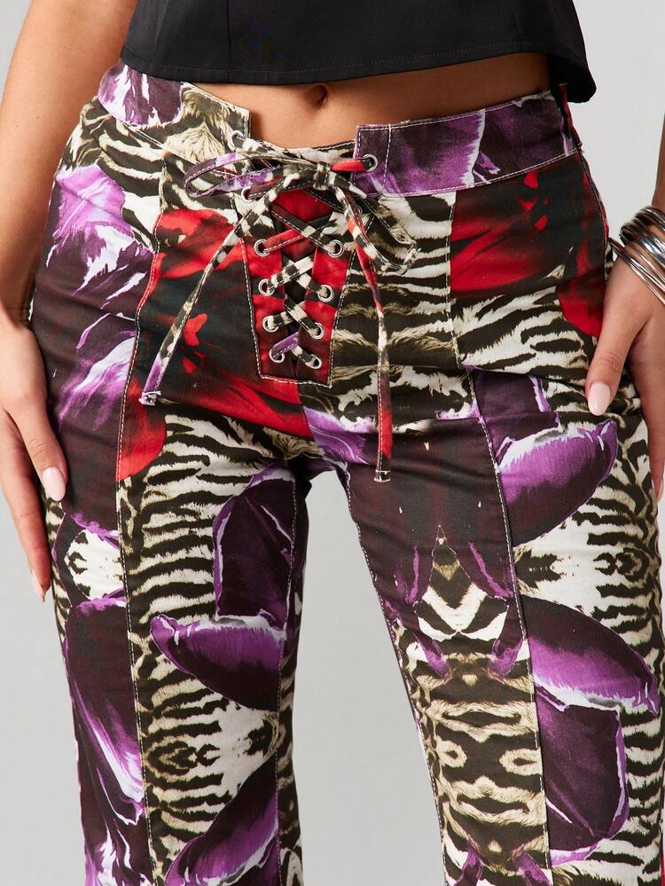 MISSGUIDED Mixed Animal Print Low Rise Lace Up Flare Jeans With Purple Rose Pattern Stretch Denim Bottom