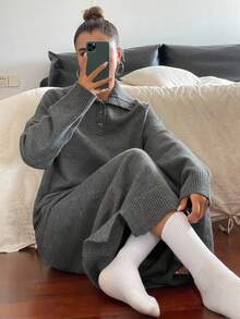 DAZY 女士宽松休闲灰色Polo领针织连衣裙，秋冬毛衣裙