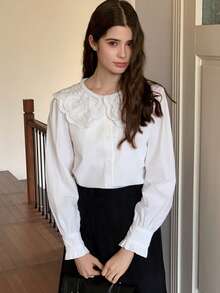 DAZY 少女休闲日常通勤简约百搭纯色宽松衬衫，彼得潘领荷叶袖，春秋季长袖上衣 - 白色 - 查看 4