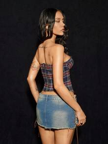 SHEIN ICON 女士复古格子抹胸上衣 - 酒紅色 - 查看 2