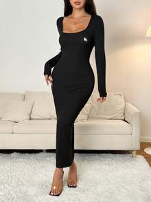 SHEIN PETITE 春夏纯色方领紧身黑色长袖连衣裙，女士优雅长袖方领修身黑色常规袖纯色紧身长裙，夏秋季休闲日常穿着，刺绣茶会连衣裙 - 黑色 - 查看 9