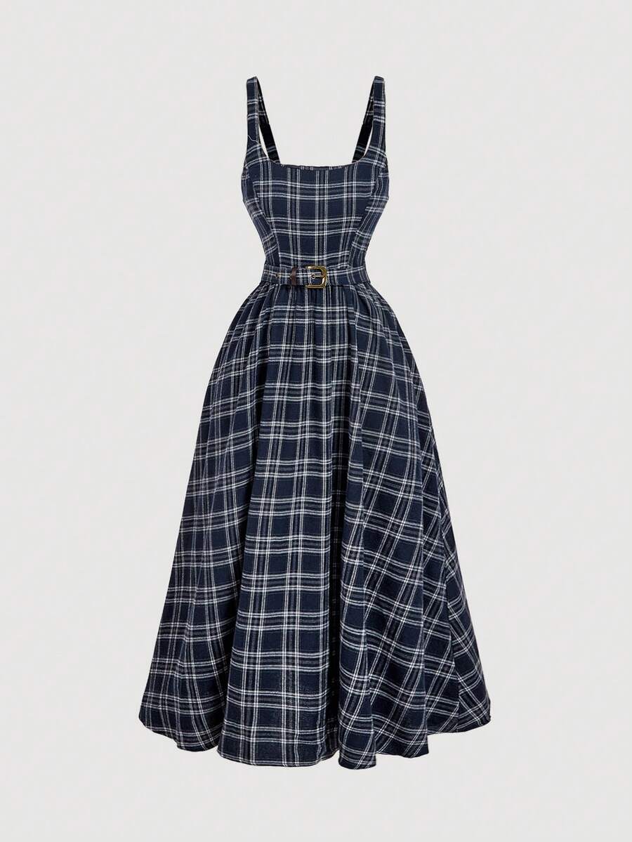 SHEIN MOD Váy dây kẻ caro nữ, phong cách đại học, thường ngày, thanh lịch - Màu xanh hải quân - Xem 1