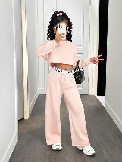 SHEIN Set di felpa oversize con spalle cadenti e pantaloni della tuta con vita plissettata e scritta, adatto per uso quotidiano, casa, scuola per ragazze pre-adolescenti