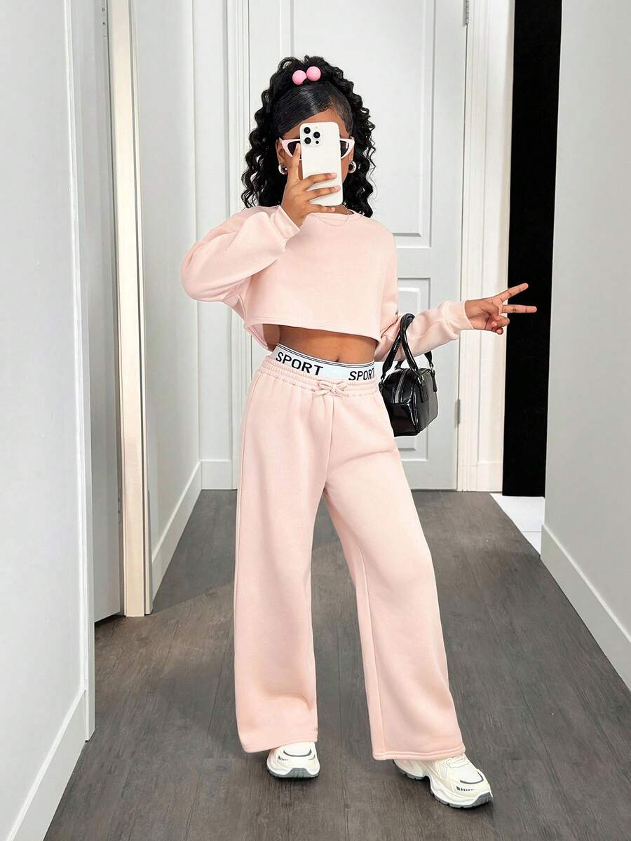SHEIN Tween Girls Pastel Pink Autumn Cow Boy School Back-To-School Casual Loose Drop Shoulder Sweatshirt & Pleated Letter Waistband Sweatpants 2 Piece Set - Baby Pink - View 1