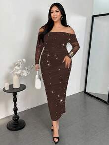 Firerie Đầm maxi trễ vai màu nâu thanh lịch đính ngọc trai nhún bèo ôm sát tôn dáng cho ngày lễ tình nhân dành cho nữ cỡ lớn - màu nâu - Xem 4