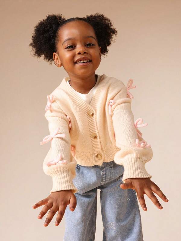 SUMWON Young Girl Cropped Button Front Cardigan With Bow Decorations For Fall Winter Casual School