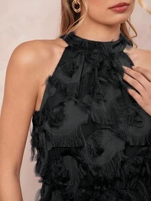 Amorya 女式优雅提花纹理挂脖收腰 A 字连衣裙，春夏 - 黑色 - 查看 4