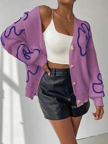 Chiquease Women's Casual Floral Print Dropped Shoulder Loose Button-Front Cardigan, Autumn/Winter - Purple - View 3