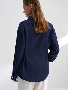 Airaco Women's Rolled Sleeve Single-Breasted Casual Loose Denim Effect Shirt - Navy Blue - View 2