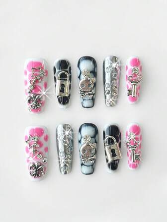 Kawaii 10pcs Cute Wing, Music Note, Star Lace Edged Polka Dot Handpainted High-Quality False Nails + 3pcs Double-Sided Adhesive, Removable & Reusable Coffin Shaped Fake Nails, Bowknot Element Nail Stickers, Suitable For Holidays, Parties, Dancing And Daily Wear