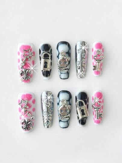 Kawaii 10pcs Cute Wing, Music Note, Star Lace Edged Polka Dot Handpainted High-Quality False Nails + 3pcs Double-Sided Adhesive, Removable & Reusable Coffin Shaped Fake Nails, Bowknot Element Nail Stickers, Suitable For Holidays, Parties, Dancing And Daily Wear