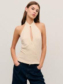 Nöista Sleeveless Halter Top Textured Fabric With Dot Patterns. Front Button Closure And Keyhole Neckline, Perfect For Summer , Evening Wear, Women, Spring. Women's Fashion. - Apricot - View 4