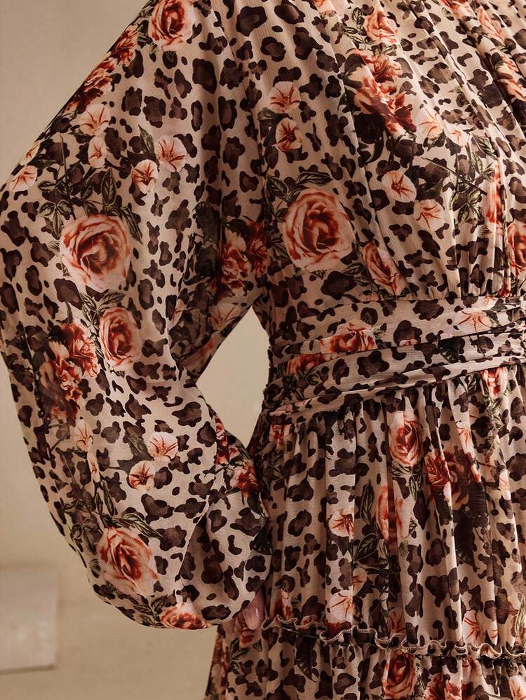 Plus Size Women's High-End Leopard Print Gradient Dye Vintage Stand Collar Long Dress, Autumn/Winter