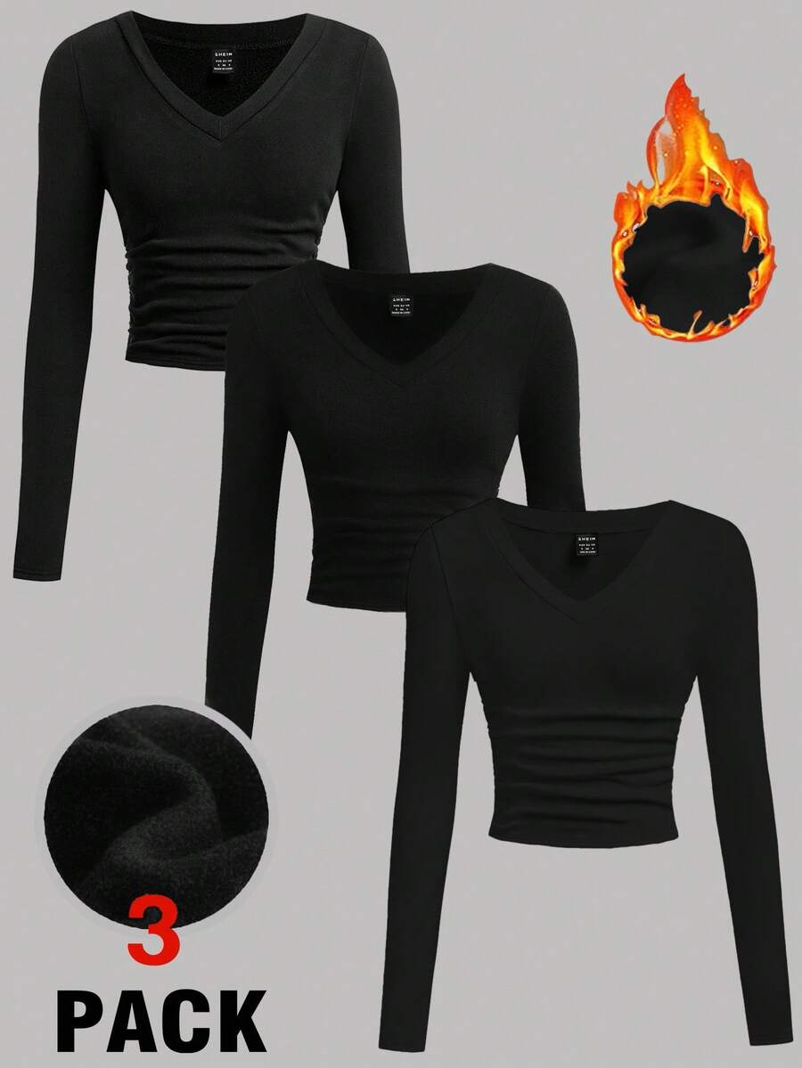 SHEIN EZwear 女款百搭黑色V領長袖修身保暖T恤,休閒百搭,適合秋季日間、夜晚與辦公室穿著 - 黑色 - 查看 1