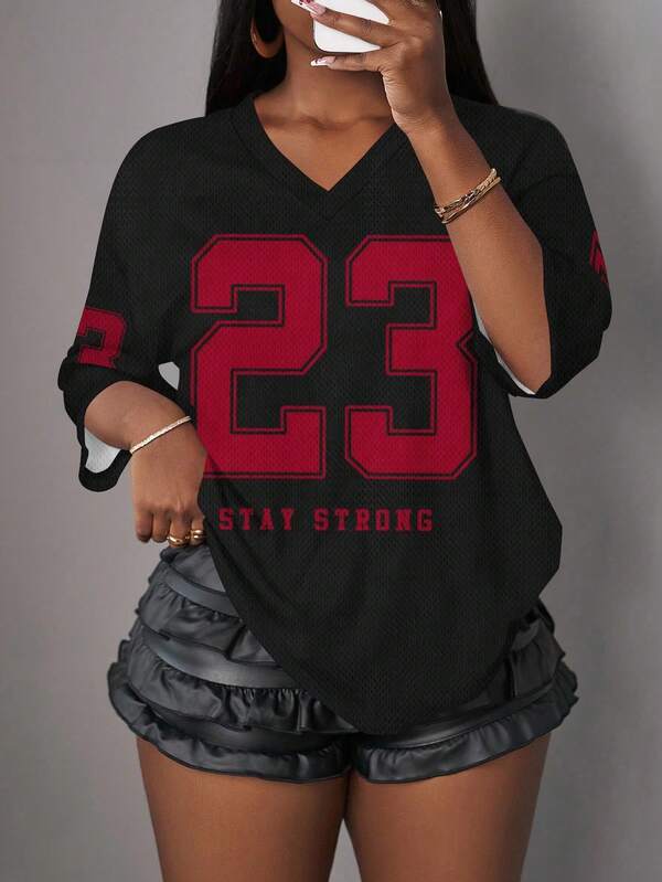 Slaydiva Camiseta de manga corta con impresión de 23 letras y números de estilo casual y simple para mujer, adecuada para el verano