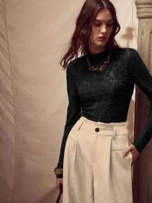 MOTF PREMIUM ELEGANTE CAMISETA INTERIOR DE MANGA LARGA CON CUELLO ALTO TRANSPARENTE PARA MUJER - Negro - Ver 5