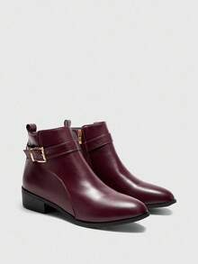 CUCCOO BIZCHIC 新款圆头防滑厚底平底女式复古踝靴，酒红色欧美风中筒靴，女式 - 酒紅色 - 查看 3