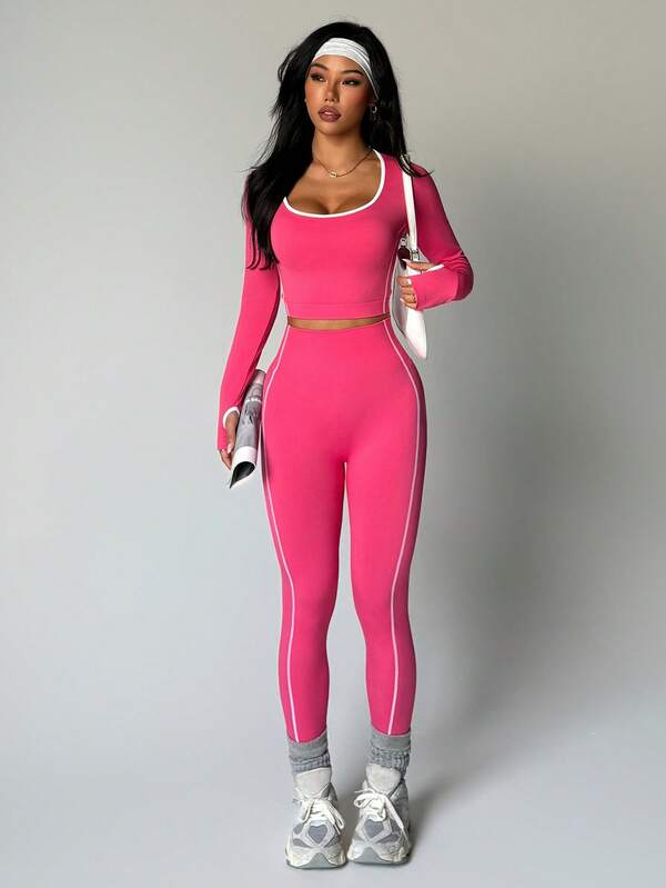 Easithlete Conjunto deportivo sin costuras de top de manga larga con cuello redondo y ribete de contraste y leggings para mujer