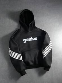 Manfinity Roghcode sweat-shirt à capuche casual pour hommes avec patchwork, rayures et graphique lettrage sur poche, sweat-shirt à capuche gothique graphique noir automnal à manches longues - Noir - Voir 1