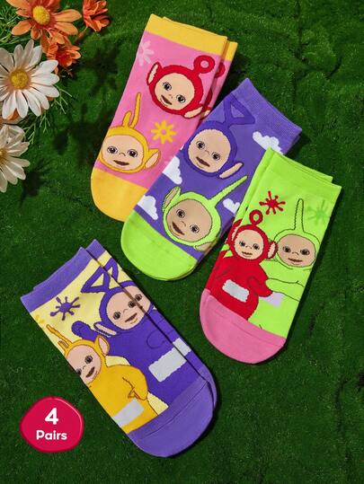 Teletubbies X SHEIN 4 par mjuka och andningsbara, fukttransporterande, casual damfotledsstrumpor med sött tecknat mönster, trendiga gröna, lila och rosa korta strumpor, förstärkt tå och häl för hållbarhet året runt, alla matcher, sommar, vinter